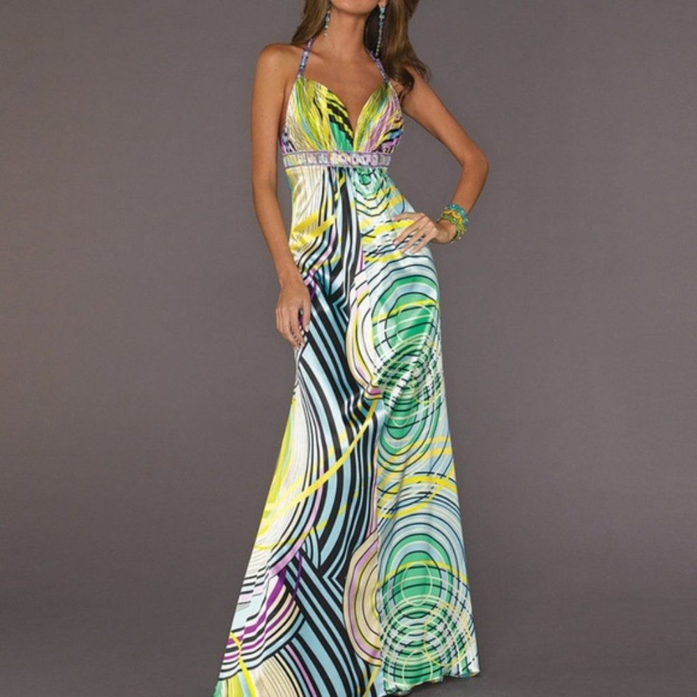 *FINAL PRICE* Gorgeous Multi-Color Charmeuse Halter Formal Gown Size 4